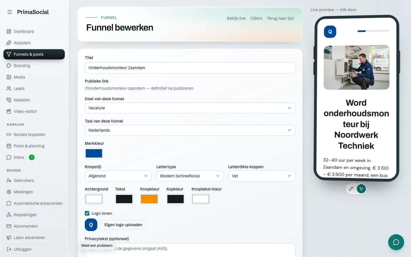 Funnelbouwer met instellingen voor titel, doel en huisstijlkleuren, met een live voorbeeld van de vacaturepagina op een telefoon.