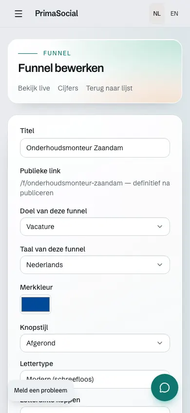 Funnelbouwer met instellingen voor titel, doel en merkkleur.