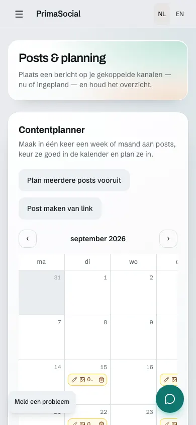 Contentkalender op de telefoon met concept-posts, deels zichtbaar door de smalle schermbreedte.