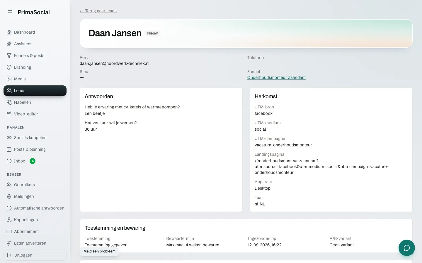 Leadgegevens van een sollicitant, met antwoorden op de vragenlijst en de herkomst van de aanvraag.