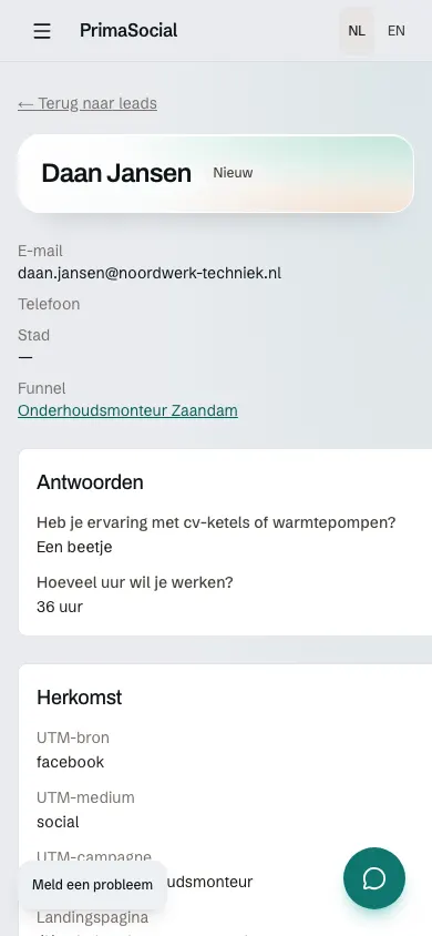 Leadgegevens van een sollicitant, met antwoorden op de vragenlijst en de herkomst van de aanvraag.