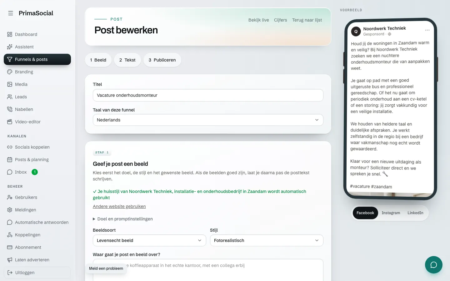 Editor voor een social-post: instellingen voor het beeld, met de AI-gegenereerde tekst in het voorbeeld ernaast.
