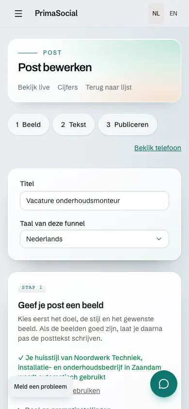 Editor voor een social-post: titel en instellingen voor het beeld.